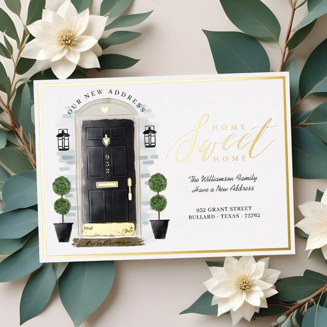 Zuhause Sweet Zuhause Wir haben die schwarze Aquar Folieneinladung (Home Sweet Home We've Moved Black Watercolor Door Foil Invitation)