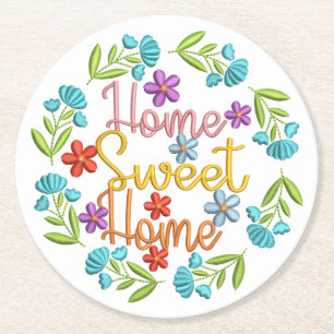 Zuhause Sweet Zuhause Zitat Schöne Blume Runder Pappuntersetzer