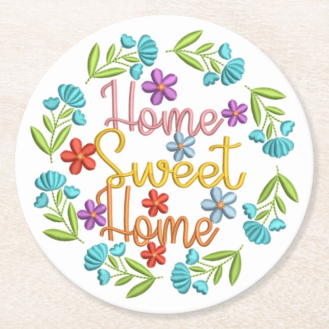 Zuhause Sweet Zuhause Zitat Schöne Blume Runder Pappuntersetzer (Vorderseite)