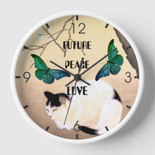 Zukunft, Frieden, Liebe mit Katzen und Schmetterli Uhr
