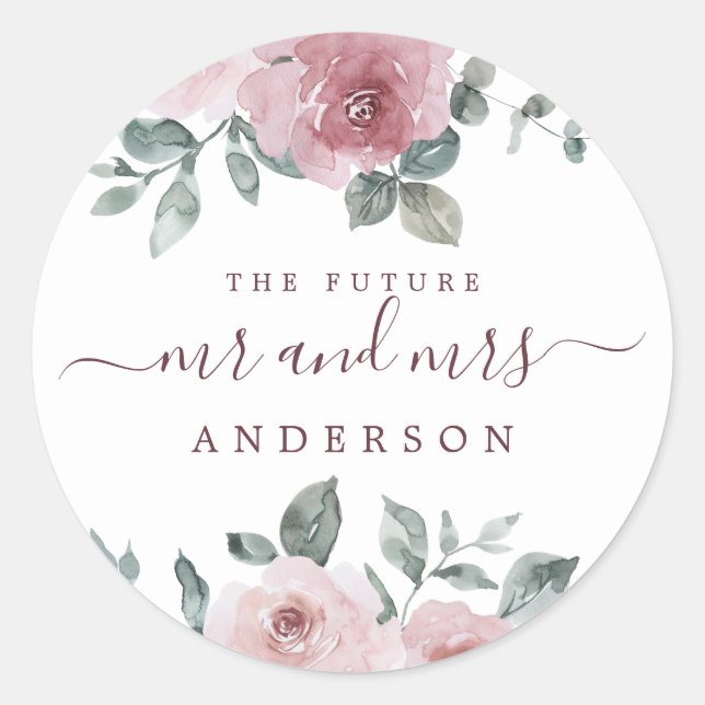 Zukunft Herr Floral Dusty Pink Burgund Runder Aufkleber (Vorderseite)