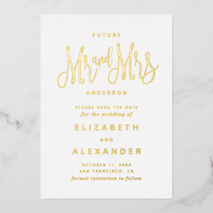 Zukunft Herr und Herr. Elegantes Gold Save the Dat Folieneinladung