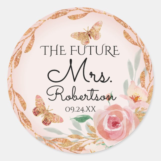 Zukünftige Frau Blush Pink Floral Elegantes Brautp Runder Aufkleber (Vorderseite)