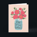 Zum 102. Geburtstag Sister w Mason Jar der Blume Karte<br><div class="desc">Ein Maurerkirsch füllte sich mit einem herrlichen Haufen von Pfannkuchen und weißen Blume mit den handgeschriebenen Worten 'Für meine Schwester' auf dem Etikett und 'Happy 102. Geburtstag' auf dem Maurerglas. Die perfekte Geburtstagskarte zum Geburtstag deiner Schwester! © Ness Nordberg</div>