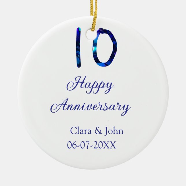 Zum 10. Jubiläum blauer Glitzer Namensdatum hinzuf Keramik Ornament (Vorne)