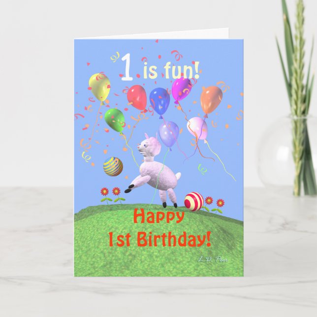 Zum 1. Geburtstag Lamm und Balloons Karte (Vorderseite)