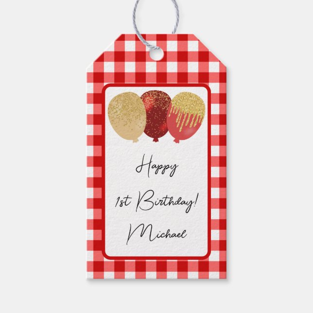 Zum 1. Geburtstag & Red Gingham & Balloons Geschenkanhänger (Vorderseite)