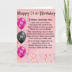 Zum 21. Geburtstag - Schwester Gedicht Karte