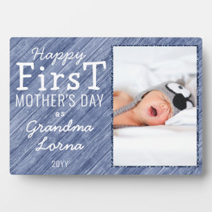 Zum ersten Muttertag Grandma Foto Blue Wood Fotoplatte