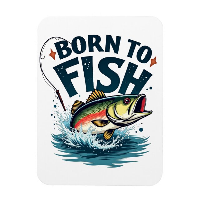 Zum Fischen geboren – Springender Barsch Kunstwerk Magnet (Vertikal)
