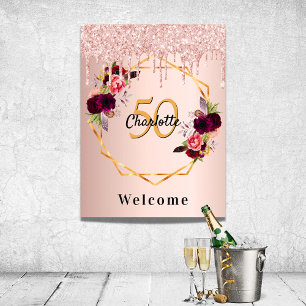 Zum Geburtstag roségoldene Blumen glitzern geo Wil Poster