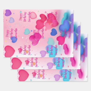 Zum Geburtstag süße rosa Mädchen-Herzen Geschenkpapier Set