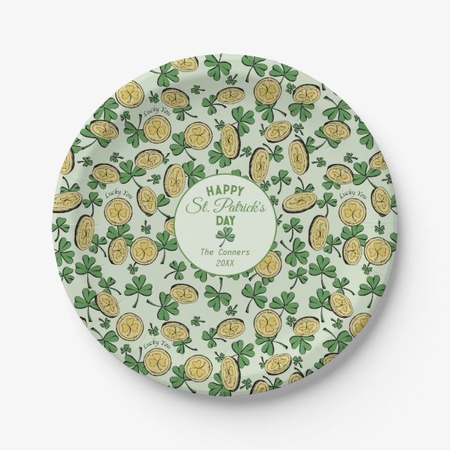 Zum Glück Coins & Green Kleeblatts St Patricks Day Pappteller (Vorderseite)