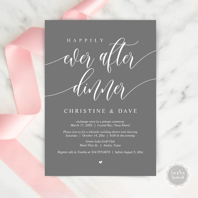 Zum Glück immer nach dem Abendessen, dunkelgrau Einladung (Happily Ever After Dinner Invitation Card, PDF, Modern Calligraphy Script, in Dark Grey)