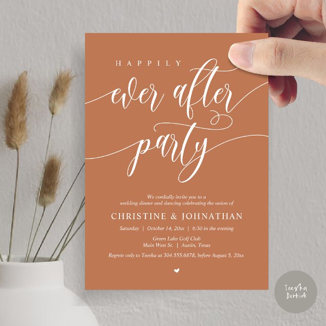 Zum Glück immer nach dem Party Abendessen Tanz Einladung (Happily Ever After Party Dinner Dancing Modern Invitation Card, PDF, in Copper Brown Terracotta)
