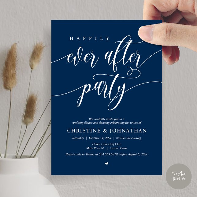 Zum Glück immer nach dem Party Abendessen Tanz Einladung (Happily Ever After Party Dinner Dancing Modern Invitation Card, PDF, in Navy Blue)