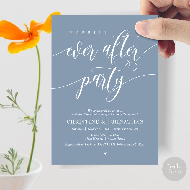 Zum Glück immer nach dem Party Abendessen Tanz Einladung (Happily Ever After Party Dinner Dancing Modern Invitation Card, PDF, in Dusty Blue)
