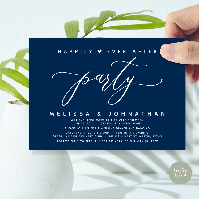 Zum Glück immer nach dem Party, Navy Blue Wedding  Einladung (Modern Romantic Wedding Elopement Happily Ever After Dinner Party Invitation Card, PDF, Navy Blue)