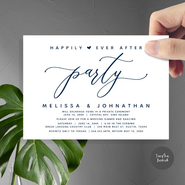 Zum Glück immer nach dem Party, Navy Blue Wedding  Einladung (Modern Romantic Wedding Elopement Happily Ever After Dinner Party Invitation Card, PDF, Navy Blue)