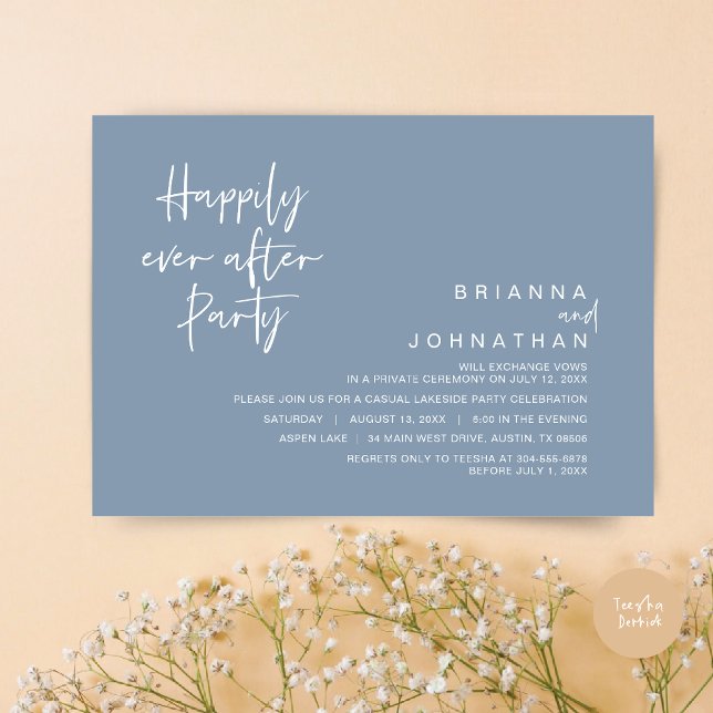 Zum Glück je nach Hochzeitsfeier, Dusty Blue Einladung (Happily Ever After Party Invitation Card, PDF, Modern Wedding Elopement, in Dusty Blue)