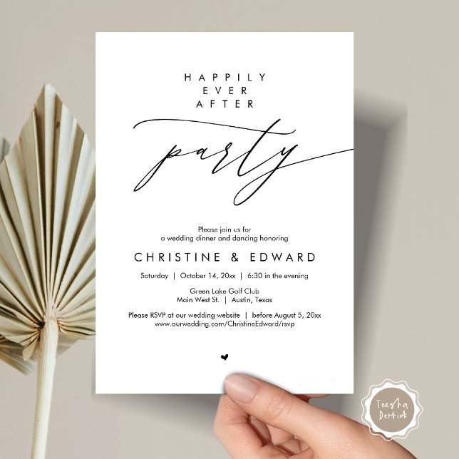 Zum Glück nach dem Party, das moderne Hochzeitsess Einladung (Happily Ever After Party, Modern Minimalist Wedding Dinner Invitation Card, PDF, Black and White)