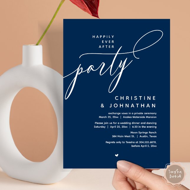 Zum Glück nach dem Party, das moderne Hochzeitsess Einladung (Romantic Happily Ever After Party, Modern Wedding Dinner Invitation Card, PDF, Classy Navy Blue)