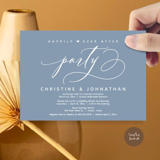 Zum Glück nach dem Party, das moderne Hochzeitsess Einladung (Happily Ever After Party, Modern Wedding Dinner Invitation Card, Modern Romantic, PDF, Dusty Blue)