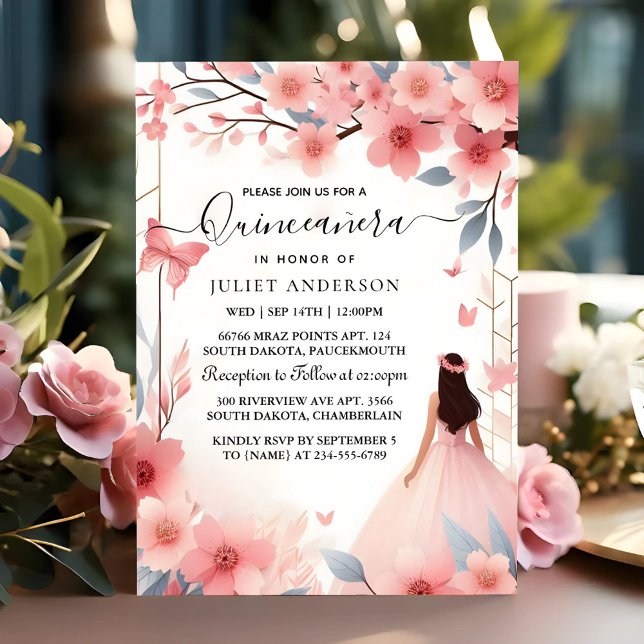 zum Holzbaum Pink Girly Cherry Blossom Quinceanera Einladung (Von Creator hochgeladen)