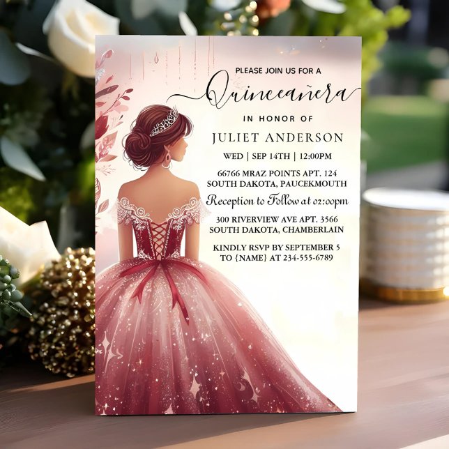 Zum Silver Pum Lace Gown Boho Burgundy Quinceanera Einladung (Von Creator hochgeladen)