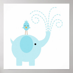 Zunehmender blauer Elefant und Vogel Poster