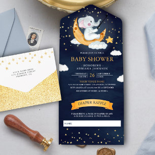 Zunehmender Mond Sterne Elefant Navyblau Baby Show All In One Einladung