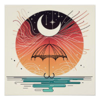 Zunehmender Mond über einem Regenschirm mit Sterne
