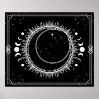 Zunehmender Mond und Sonne mit Sternen Schwarzweiß