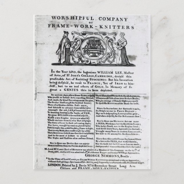 Zur Worshipful-Firma der Rahmen-Work-Knitter Postkarte (Vorderseite)