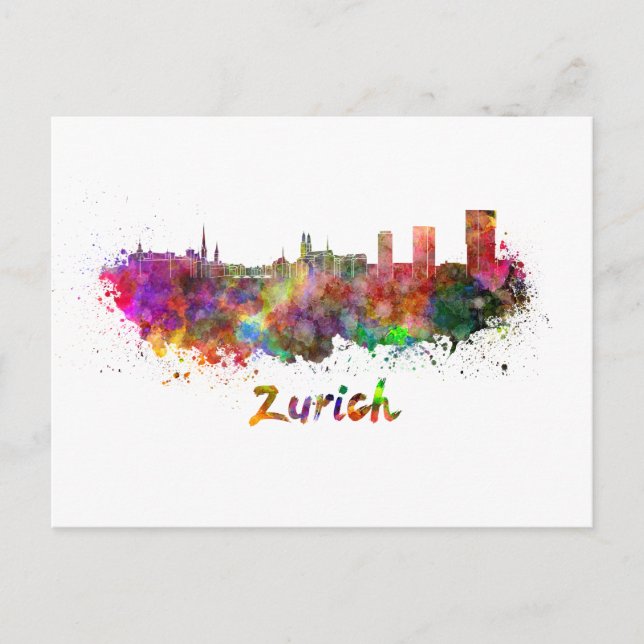 Zürcher Skyline in Aquarellfarbe Postkarte (Vorderseite)