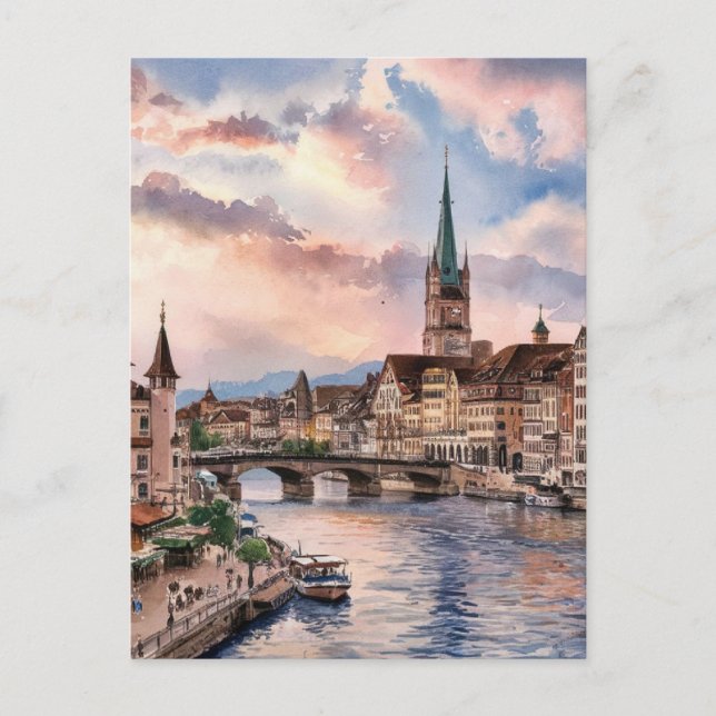 Zurich Schweiz Aquarellmalerei Postkarte (Vorderseite)