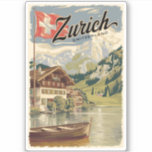 Zürich Schweiz Malerische Reise Vintag Aufkleber<br><div class="desc">Zurich Retrovektor-Reisedesign. Die malerischen Gassen der Altstadt,  auf beiden Seiten des Flusses Limmat,  spiegeln ihre prämittelalterliche Geschichte wider.</div>