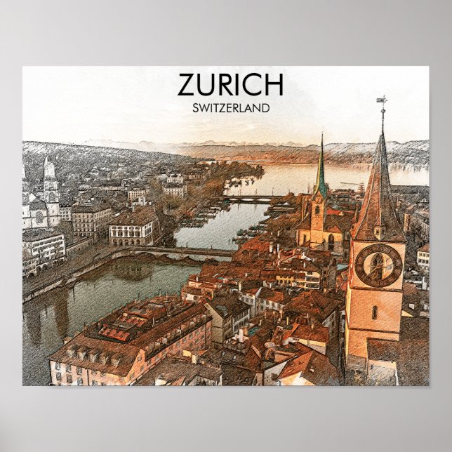 Zürich Schweiz Panoramaansicht Poster (Vorne)