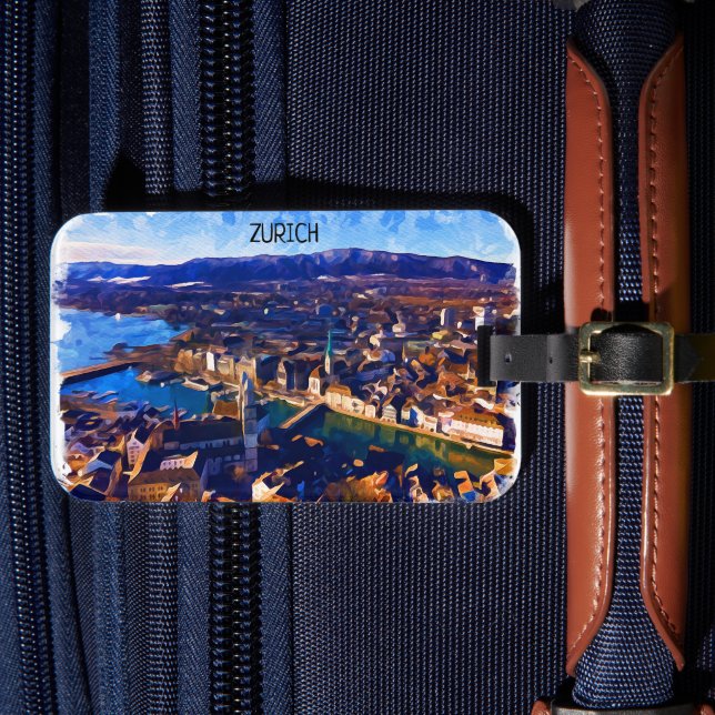 Zürich Schweiz Panoramaausblick Wasserfarbe Gepäckanhänger (Vorderseite Insitu 4)