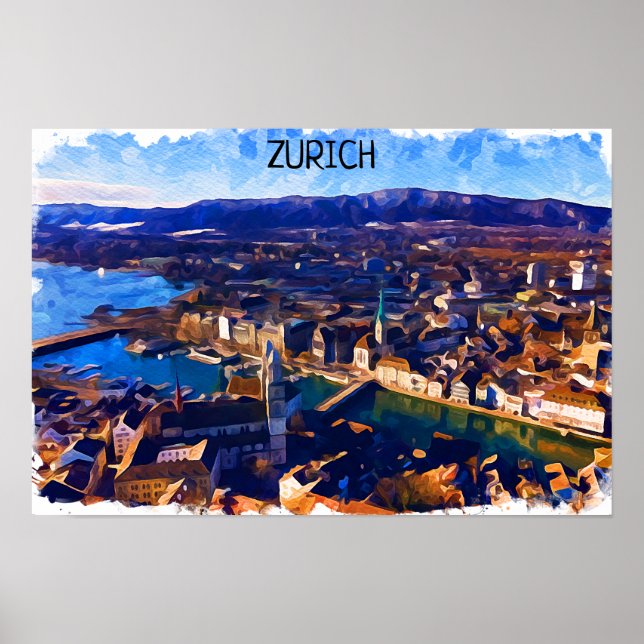 Zürich Schweiz Panoramaausblick Wasserfarbe Poster (Vorne)