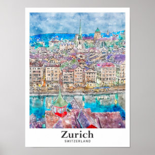 Zürich Schweiz Reise Wasserfarbe Handgezeichnet Poster