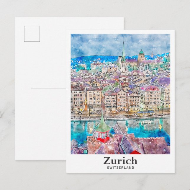 Zürich Schweiz Reisen Wasserfarben Hand Dragee Postkarte (Vorne/Hinten)