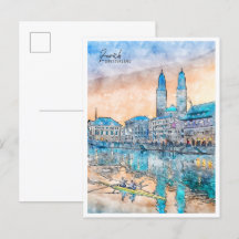 Zürich Schweiz Vintage Reise Aquarell