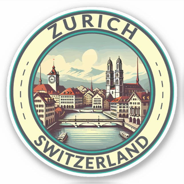 Zurich Switzerland Illustration Travel Art Abzeich Aufkleber (Vorderseite)