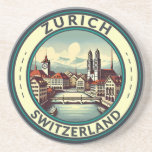 Zurich Switzerland Illustration Travel Art Abzeich Getränkeuntersetzer<br><div class="desc">Zurich Retrovektor-Reisedesign. Die malerischen Gassen der Altstadt,  auf beiden Seiten des Flusses Limmat,  spiegeln ihre prämittelalterliche Geschichte wider.</div>