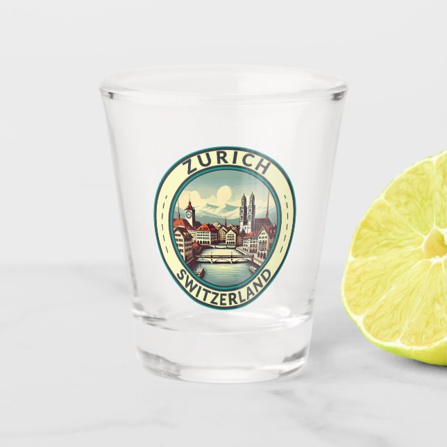 Zurich Switzerland Illustration Travel Art Abzeich Schnapsglas (Vorderseite)