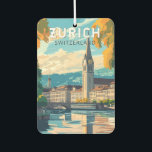 Zurich Switzerland Reisen Vintag Autolufterfrischer<br><div class="desc">Zurich Retrovektor-Reisedesign. Die malerischen Gassen der Altstadt,  auf beiden Seiten des Flusses Limmat,  spiegeln ihre prämittelalterliche Geschichte wider.</div>