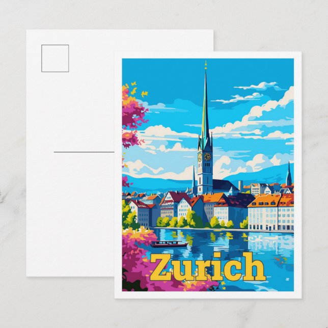 Zurich Switzerland Vintage Illustration Postkarte (Vorne/Hinten)
