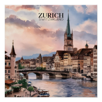 Zurich Switzerland Watercolor Painting Poster
