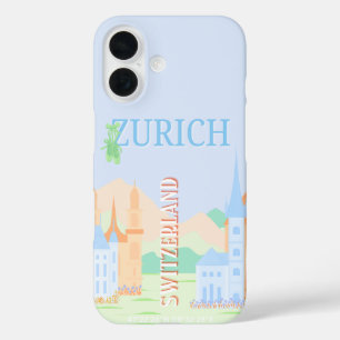 Zurich Travel Art, Schweiz, Blue Retro Travel iPhone 16 Hülle